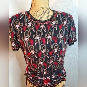 Papell Boutique Black and Red Embroidered And Beaded Blouse.
